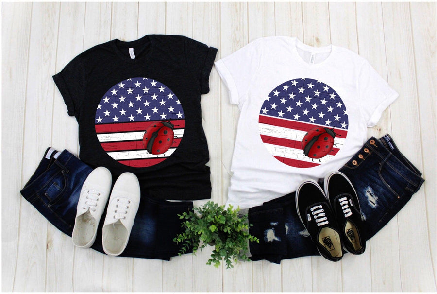 Plus Minus Co Ladybug Round | American Flag Distressed Dark T-Shirts