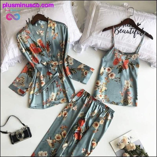 Plus Minus Co 3 Pcs Printing Women Robe Sets Spaghetti Strap+Cardigan+Pant