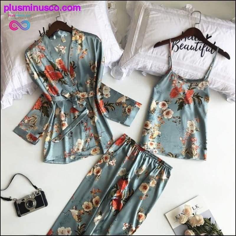Plus Minus Co 3 Pcs Printing Women Robe Sets Spaghetti Strap+Cardigan+Pant