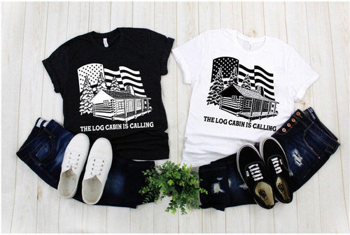 Plus Minus Co Log Cabin Is Calling American Flag T-Shirts,Natuer lover dad, Cabin Fever Shirt, Climbing, Hiking, Camping, Outdoors, Funny Tees