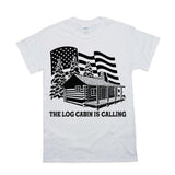 Plus Minus Co Log Cabin Is Calling American Flag T-Shirts,Natuer lover dad, Cabin Fever Shirt, Climbing, Hiking, Camping, Outdoors, Funny Tees, view 3