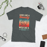 Plus Minus Co Looks likle a beauty weld like a beast Unisex Tee, view 3