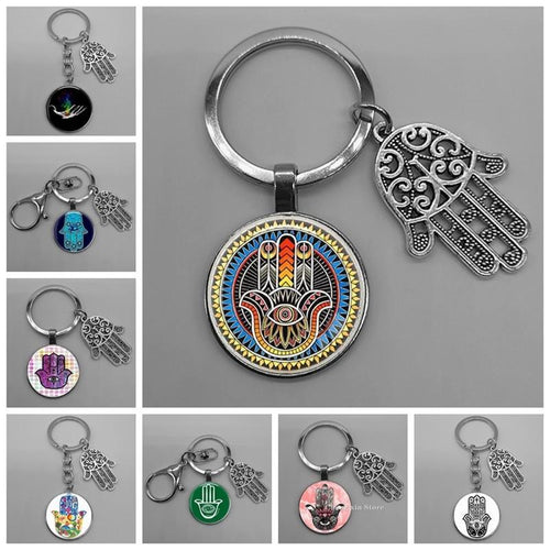 Plus Minus Co Lucky Hamsa Fatima Hand Eyes Keychains Charm Amulet Purse Bag Buckle Pendant For Car Keyrings key chains holder women