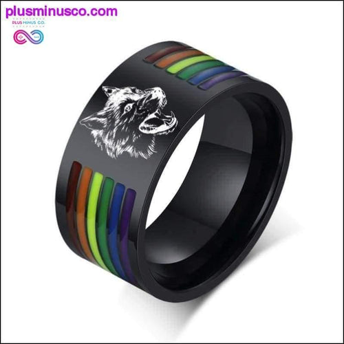 Plus Minus Co MEN 10MM ENAMEL RAINBOW LINES RING WITH ENGRAVING WOLF