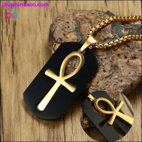 Plus Minus Co Men Black Dog Tag Cut out Ankh Egyptian Cross Pendant