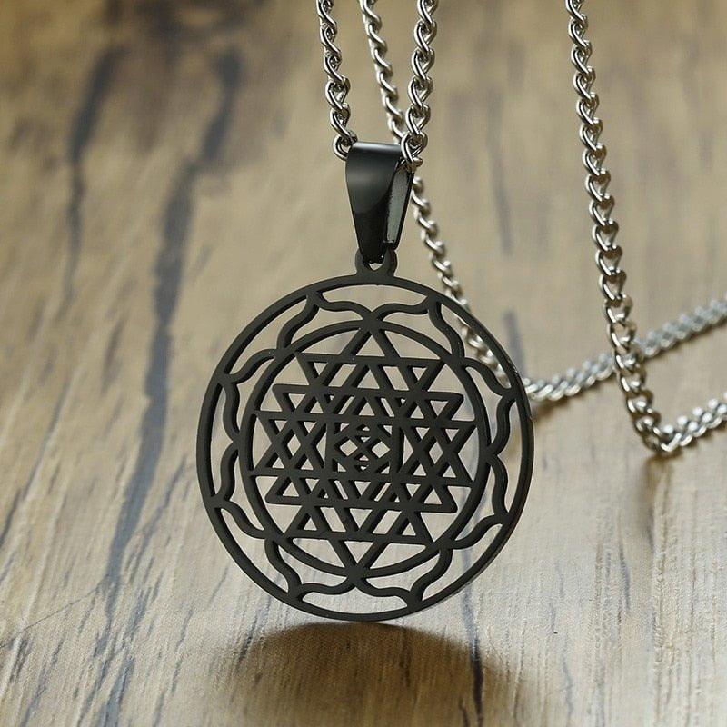 Plus Minus Co Sri Yantra Mandala Pendant Necklace in Black Lucky Charm Stainless Steel Blessed Energized Spiritual Jewelry 24 inch