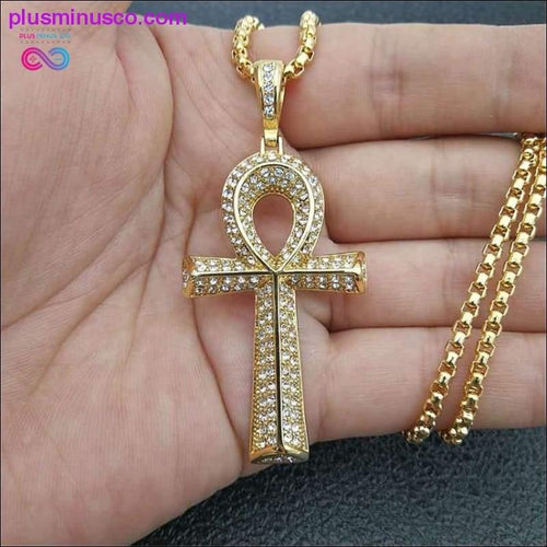 Plus Minus Co Egyptian Ankh Cross Pendant With Stainless Steel Chain And Iced Out Bling Full Rhinestones Necklace