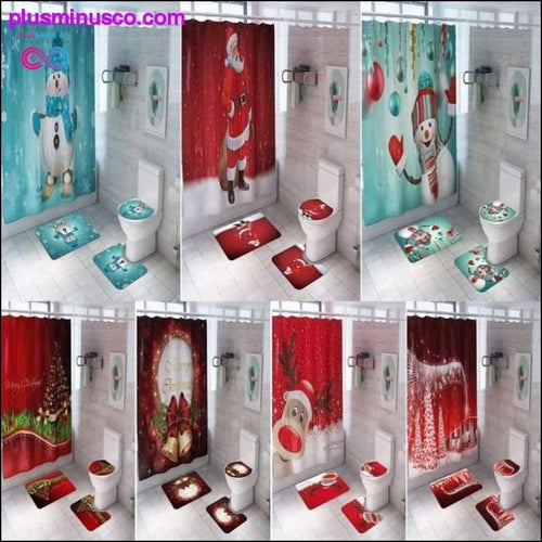 Plus Minus Co Merry Christmas Bathroom Set, Snowman Santa and Elk Shower Curtain Set