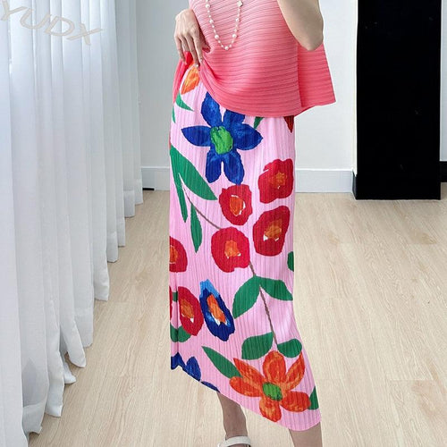 Plus Minus Co Miyake High-end Print Pink Skirt Summer Versatile Floral Pink Pleated Skirt