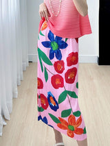 Plus Minus Co Miyake High-end Print Pink Skirt Summer Versatile Floral Pink Pleated Skirt, view 2