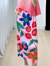 Plus Minus Co Miyake High-end Print Pink Skirt Summer Versatile Floral Pink Pleated Skirt, view 3