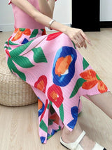 Plus Minus Co Miyake High-end Print Pink Skirt Summer Versatile Floral Pink Pleated Skirt, view 4