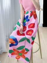 Plus Minus Co Miyake High-end Print Pink Skirt Summer Versatile Floral Pink Pleated Skirt, view 5