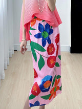 Plus Minus Co Miyake High-end Print Pink Skirt Summer Versatile Floral Pink Pleated Skirt, view 6
