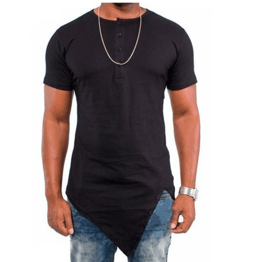 Plus Minus Co Fashion street wear men's hi-street t-shirt Button neck tshirt Longline sharp Asymmetrical hem men funny t shirt