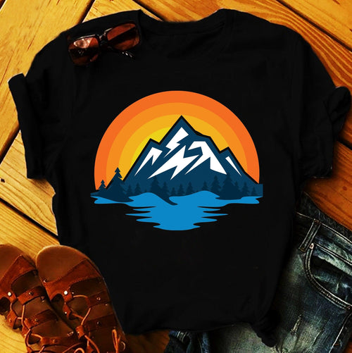 Plus Minus Co Mountain Trees Lake | Retro Sunset T-Shirts, Cabin Vibes & Good Times - Cabin Shirt, Cabin Life, Cabin Shirts, Cabin Gift, Cabin Tee