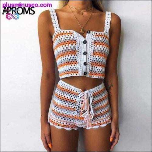 Plus Minus Co Multi Color Knitted Crochet Crop Top and Shorts Summer Beach