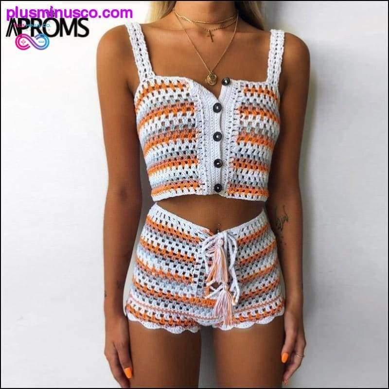 Plus Minus Co Multi Color Knitted Crochet Crop Top and Shorts Summer Beach