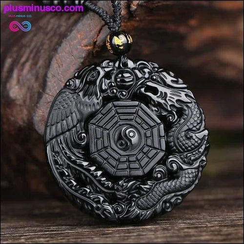 Plus Minus Co Natural Black Obsidian Hand Carved Chinese Dragon Phoenix