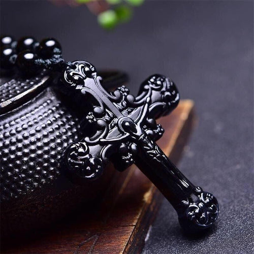 Plus Minus Co Natural Black Obsidian Jesus Cross Pendant Beads Necklace Fashion Charm Jewellery Hand-Carved Lucky Amulet Gifts Her Women Men