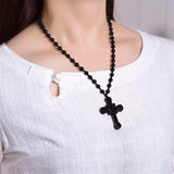Plus Minus Co Natural Black Obsidian Jesus Cross Pendant Beads Necklace Fashion Charm Jewellery Hand-Carved Lucky Amulet Gifts Her Women Men, view 2