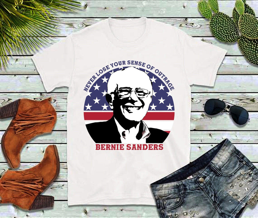 Plus Minus Co Never Lose Your Sense Of Outrage | Bernie Sanders | Circle American Flag T-Shirts