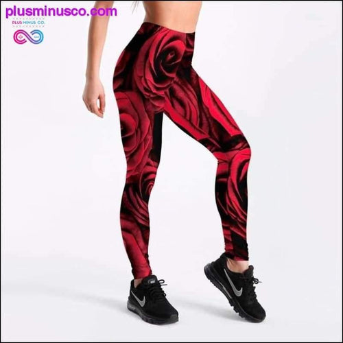 Plus Minus Co New 2018 Red Rose Print Elastic Women Leggings Blue Green 3D