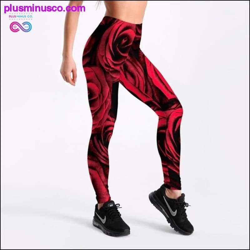 Plus Minus Co New 2018 Red Rose Print Elastic Women Leggings Blue Green 3D
