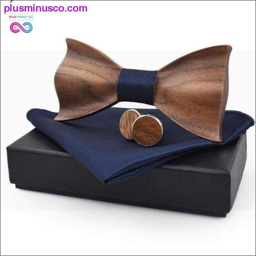 Plus Minus Co 3D Wooden tie Pocket Square Cuff-links Fashion wood bow tie