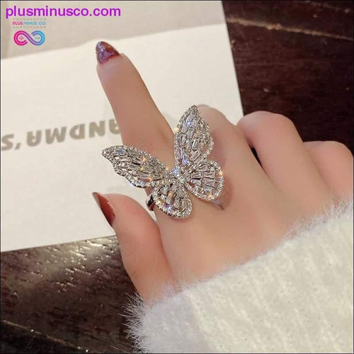 Plus Minus Co Butterfly Ring Luxury Shiny Cocktail Party Ring for Women, Dainty Adjustable Rings, High Grade Bright Copper Zircon Butterfly Rings,