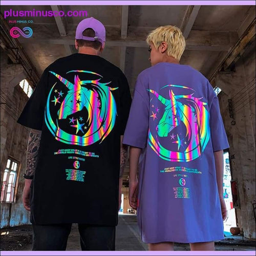 Plus Minus Co Unisex Unicorn Reflective Print Casual T Shirt Men Women
