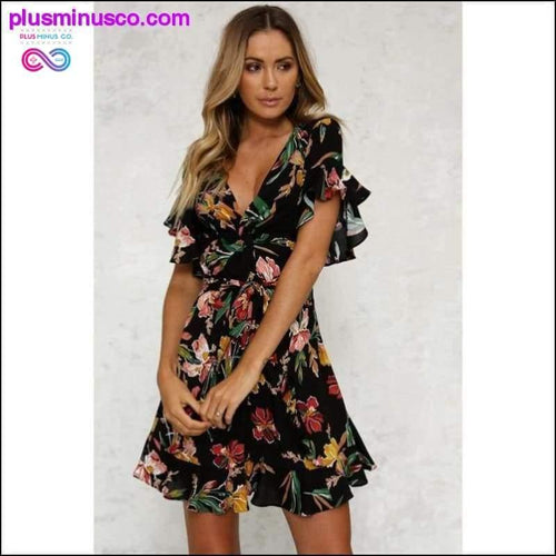 Plus Minus Co New Fashion Women's Boho V Neck Short Sleeve Dress Floral