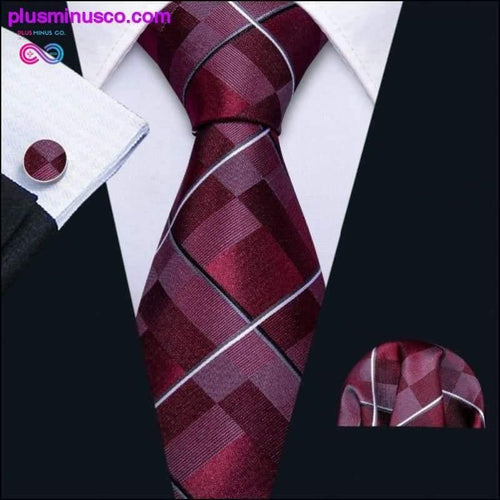 Plus Minus Co New Mens Wedding Tie Red Plaid Silk Tie Hanky Set Barry.Wang