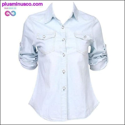 Plus Minus Co New Women Denim Blouses Vintage Long Cuffs Sleeve Washed