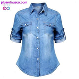 Plus Minus Co New Women Denim Blouses Vintage Long Cuffs Sleeve Washed, view 2