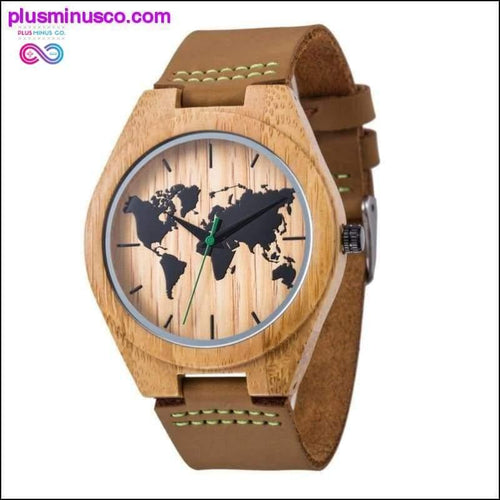 Plus Minus Co New World Map Mens Genuine Leather Quartz Watch Wood Bamboo