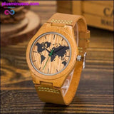 Plus Minus Co New World Map Mens Genuine Leather Quartz Watch Wood Bamboo, view 2