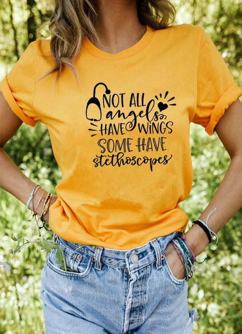 Plus Minus Co Not All Angels Have Wings Graphic Funny Women's T-Shirt Summer Casual 100%Cotton Short Sleeve tops tee Gift For Nurse White angel Gift