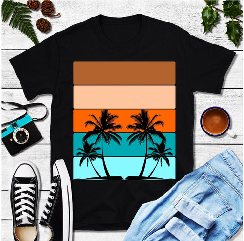 Plus Minus Co Palm Trees Horizontal Stripes | Retro Sunset T-Shirts