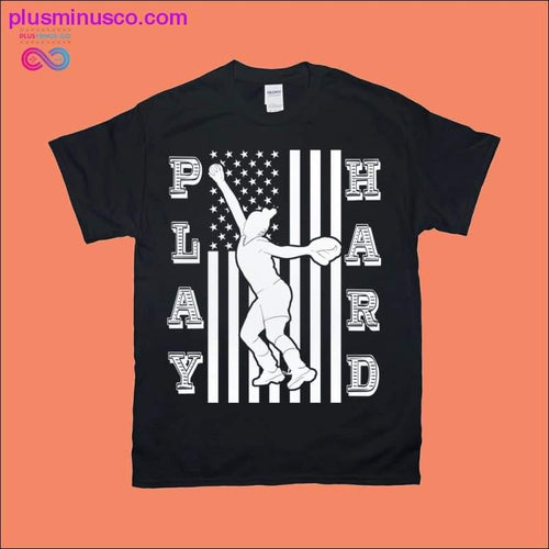 Plus Minus Co Play hard | Female Softball | American Flag T-Shirts