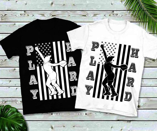 Plus Minus Co Play Hard | Female Softball | American Flag Tee,Softball Shirts - Softball Fan Shirts - Softball Tees