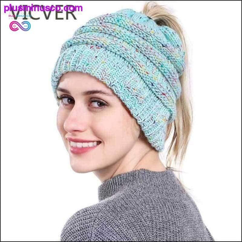 Plus Minus Co Ponytail Beanie Hat Winter Soft Knit Cap Casual Woolen