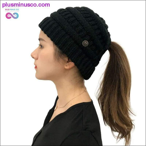 Plus Minus Co Ponytail Beanies Winter Hat For Women Knitted Warm Cap Messy