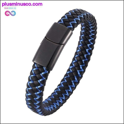 Plus Minus Co Punk Black Blue Braided Leather Bracelet for Men Stainless