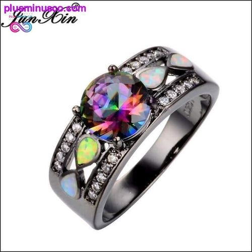 Plus Minus Co Rainbow Opal Rings Colorful CZ 10KT Black Gold Filled Ring