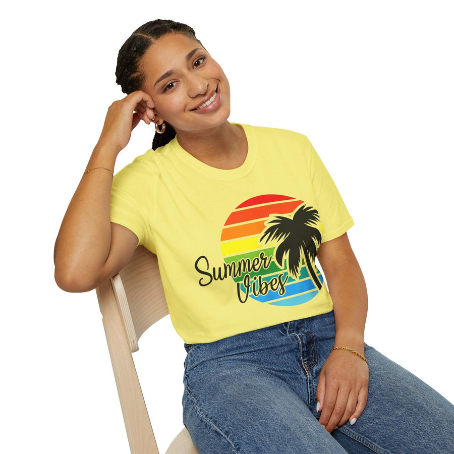 Plus Minus Co Retro Beach Sunset T-Shirt | Palm Tree Graphic Tee | Summer Vibe Unisex Softstyle Shirt