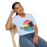 Plus Minus Co Retro Beach Sunset T-Shirt | Palm Tree Graphic Tee | Summer Vibe Unisex Softstyle Shirt, view 2