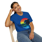 Plus Minus Co Retro Beach Sunset T-Shirt | Palm Tree Graphic Tee | Summer Vibe Unisex Softstyle Shirt, view 3