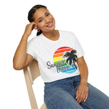 Plus Minus Co Retro Beach Sunset T-Shirt | Palm Tree Graphic Tee | Summer Vibe Unisex Softstyle Shirt, view 5