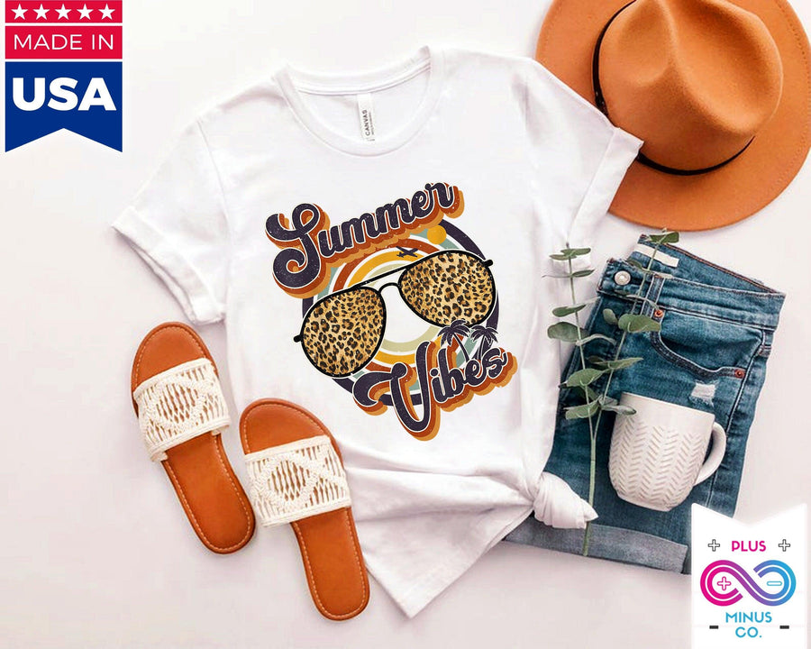 Plus Minus Co Retro Summer Vibes Leopard Sunglasses Shirt Vintage Summer Beach Tee Fun Summer Shirt Family Summer Vacation leopard glasses